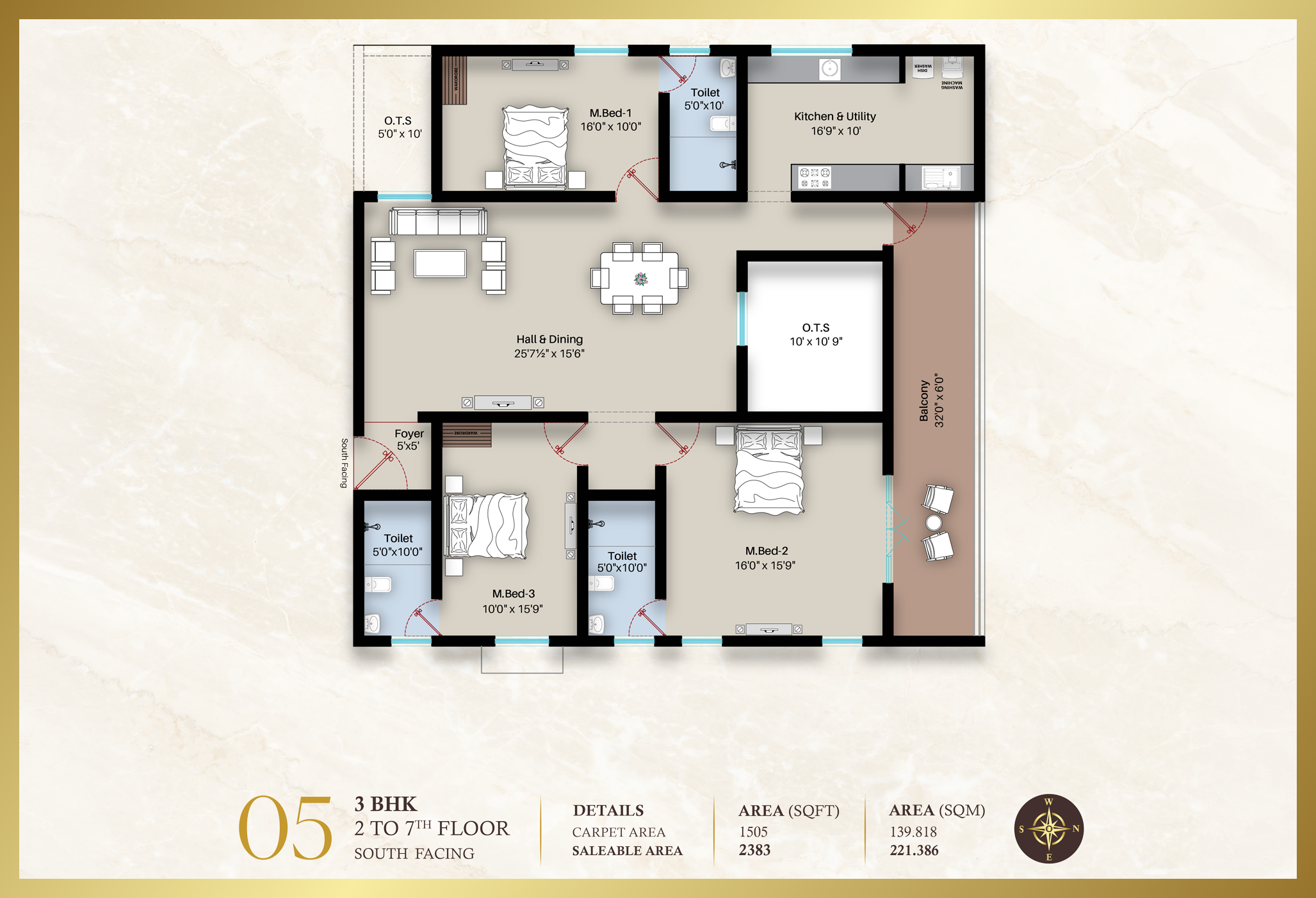 Diora Apartment 3BHK North facing floor plan 1518 sq-ft